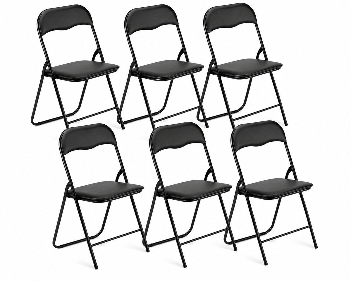 Zes zwarte klapstoelen met gestoffeerde zitting