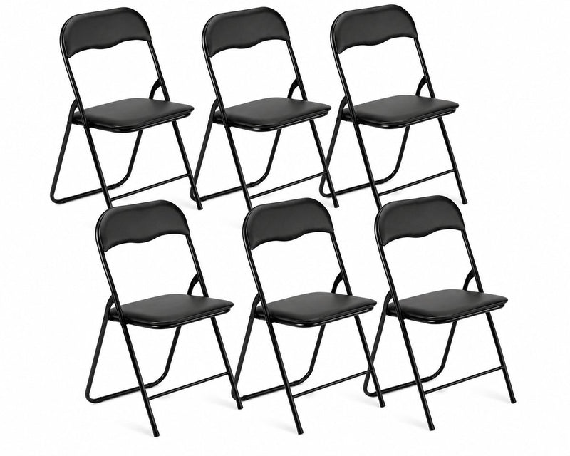 Zes zwarte klapstoelen met gestoffeerde zitting