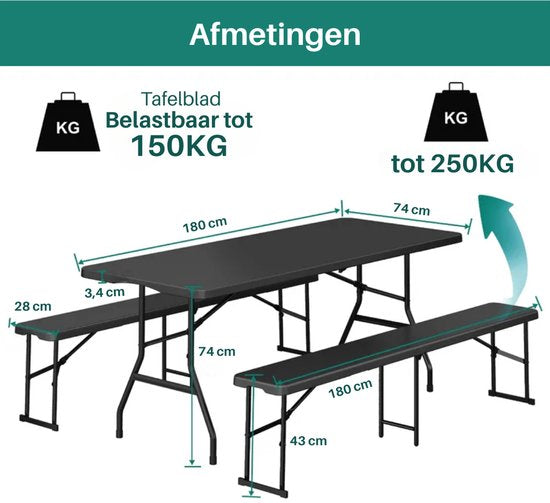 Tafel met tuinbanken – afmetingen en belastbaarheid tafelblad 150 kg, banken 250 kg