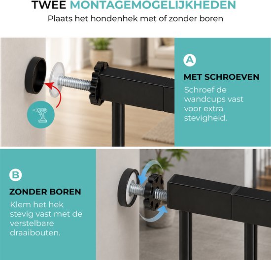 Zwart hondenhek – twee montagemogelijkheden: met schroeven en zonder boren