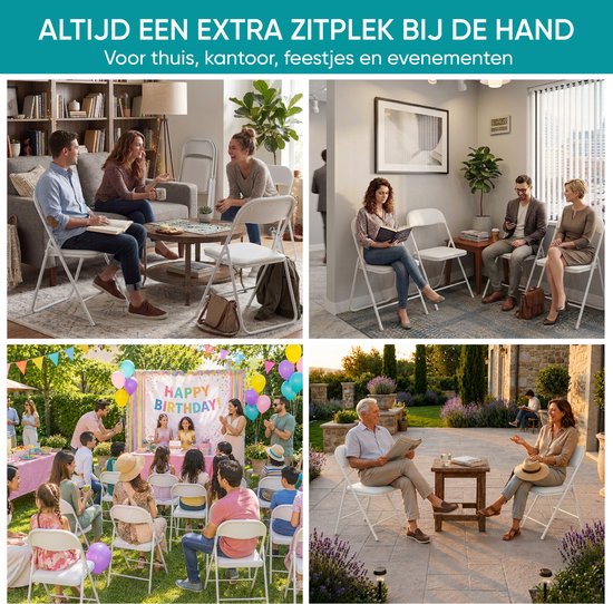 Witte klapstoelen in gebruik thuis, op kantoor en op feestjes