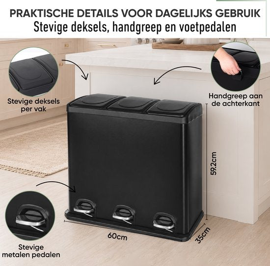 Zwarte afvalscheider 3 x 20 L – deksels, handgreep en voetpedalen, met afmetingen