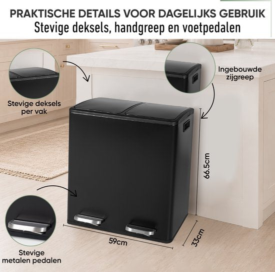Afvalscheider 2 x 30 L – deksels, handgreep en voetpedalen, met afmetingen