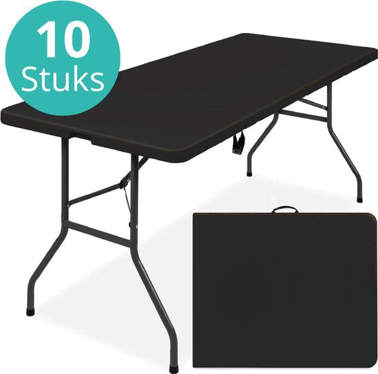 Zwarte inklapbare tafel 180 cm – set van 10, uitgeklapt en ingeklapt