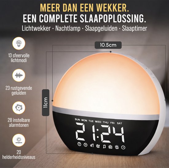 Wake-up light – lichtwekker, nachtlamp, slaapgeluiden en slaaptimer, met afmetingen