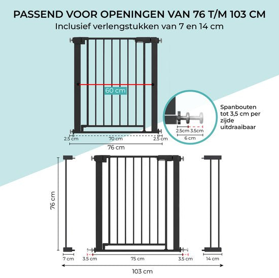 Zwart traphek – past in openingen van 76 t/m 103 cm, met afmetingen
