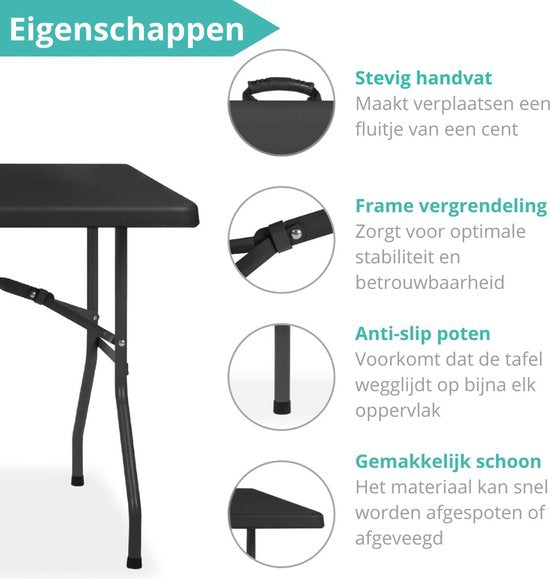 Zwarte inklapbare tafel – handvat, framevergrendeling, antislippoten en schoonmaken