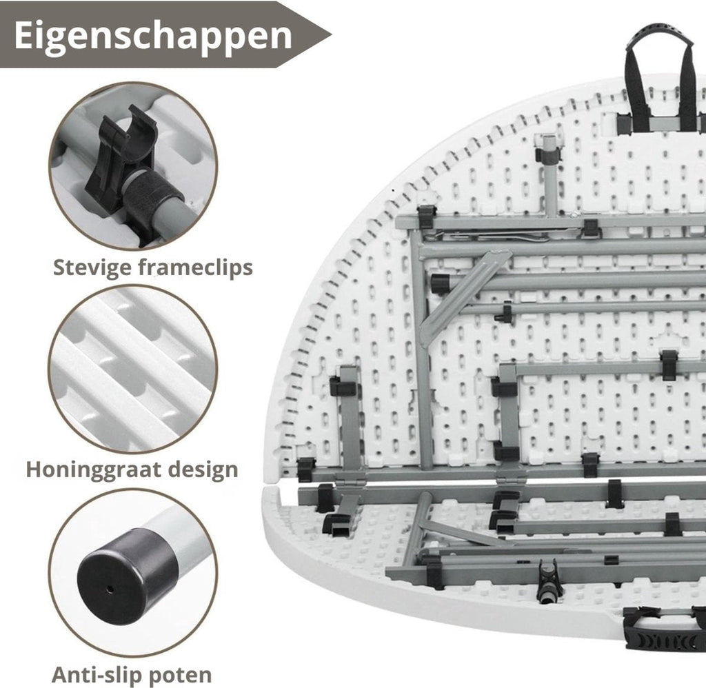 Witte ronde inklapbare tafel – frameclips, honingraatstructuur en antislippoten
