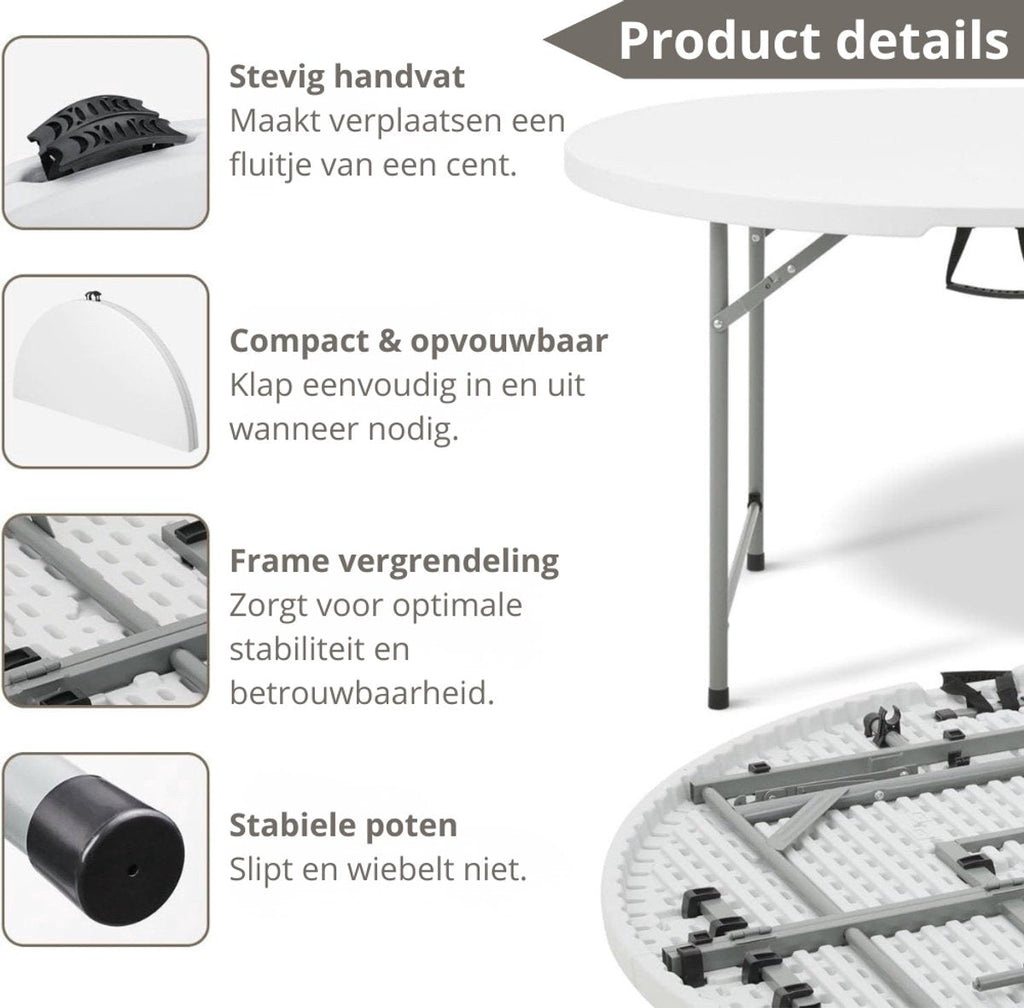 Witte ronde inklapbare tafel – handvat, vouwbaar blad, framevergrendeling en poten