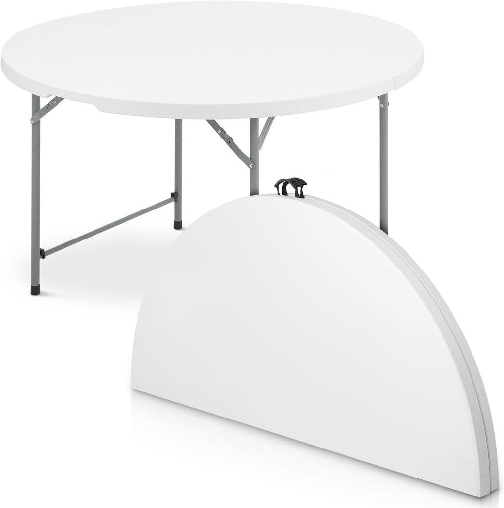 Witte ronde inklapbare tafel Ø122 cm, uitgeklapt en ingeklapt