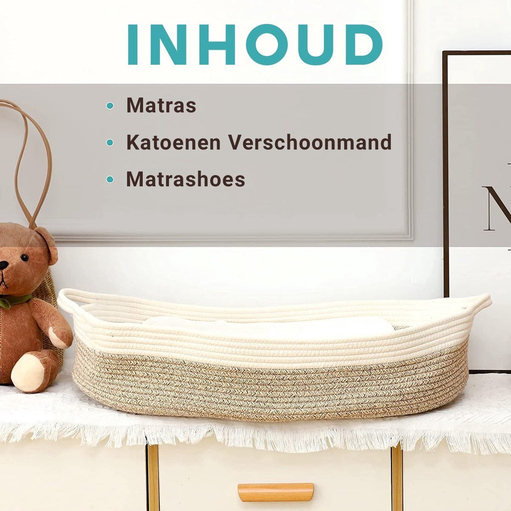 Beige verschoonmand – inhoud: matras, katoenen mand en matrashoes