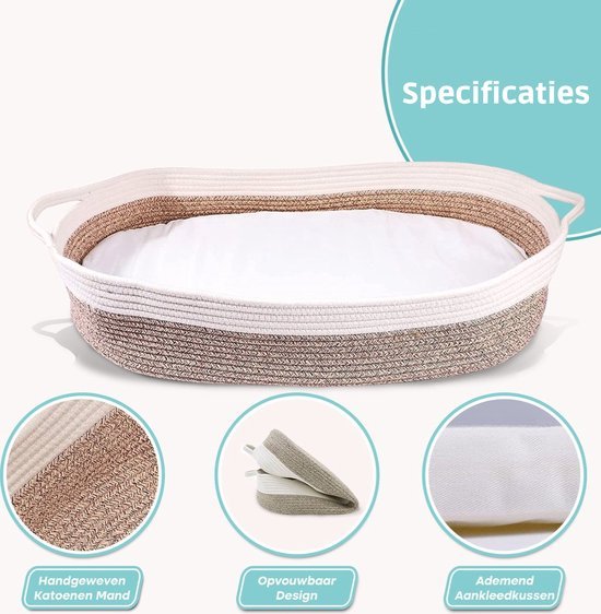 Beige verschoonmand met matras – details van mand, matras en hoes