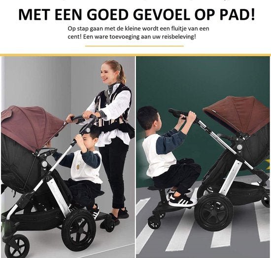 Kind staat op het meerijdplankje achter een kinderwagen