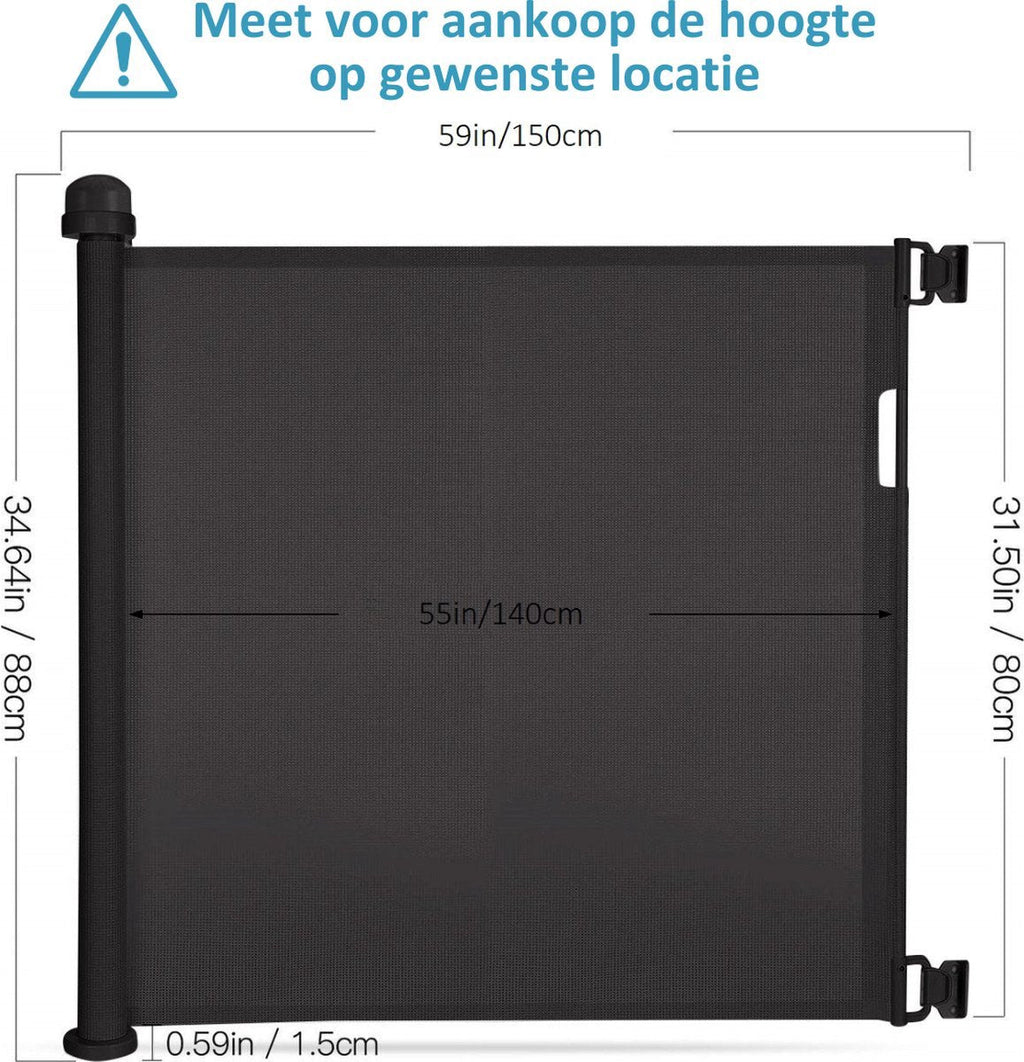 Zwart oprolbaar hondenhekje 140 cm – afmetingen