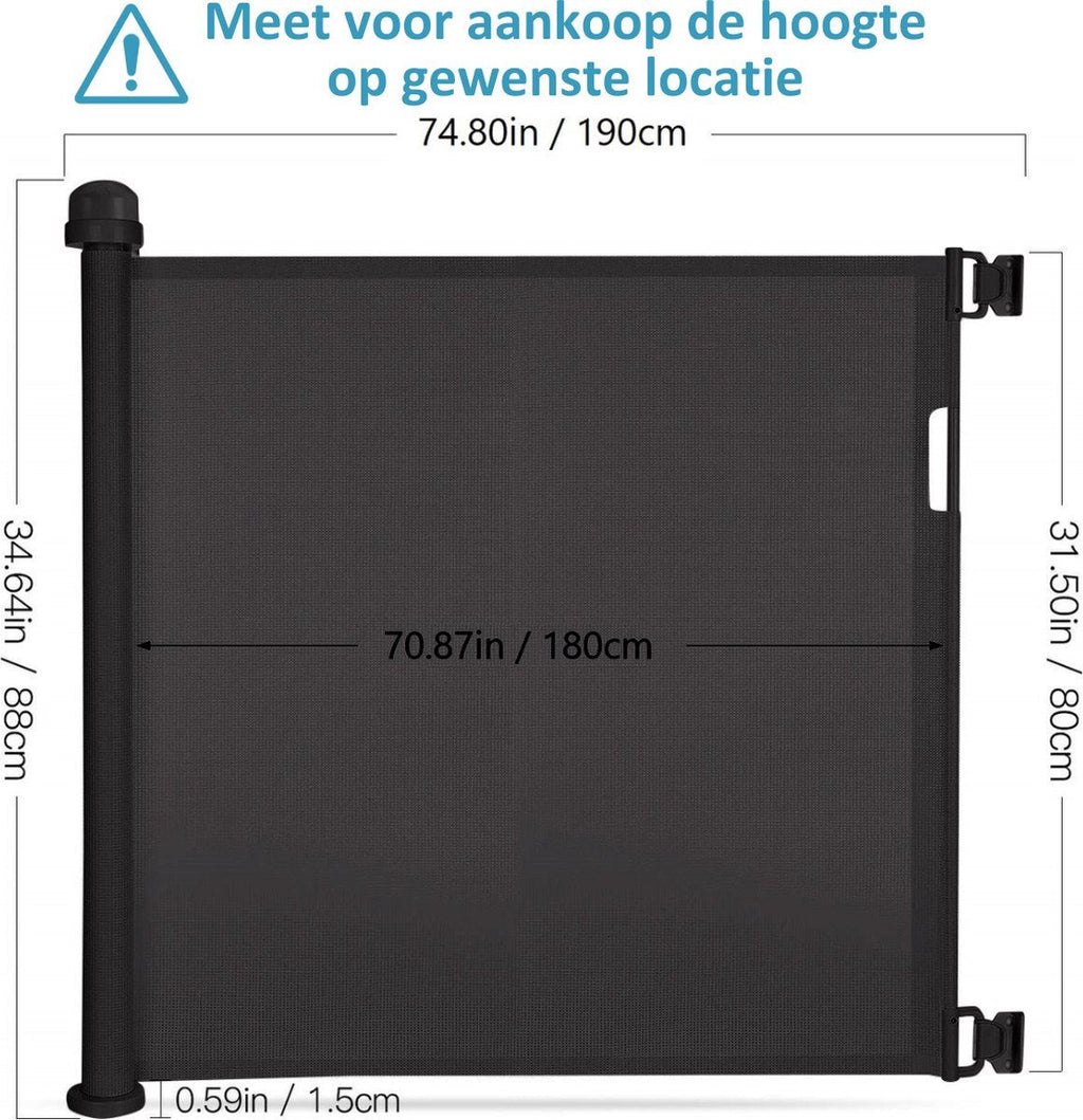 Zwart oprolbaar hondenhekje 180 cm – afmetingen