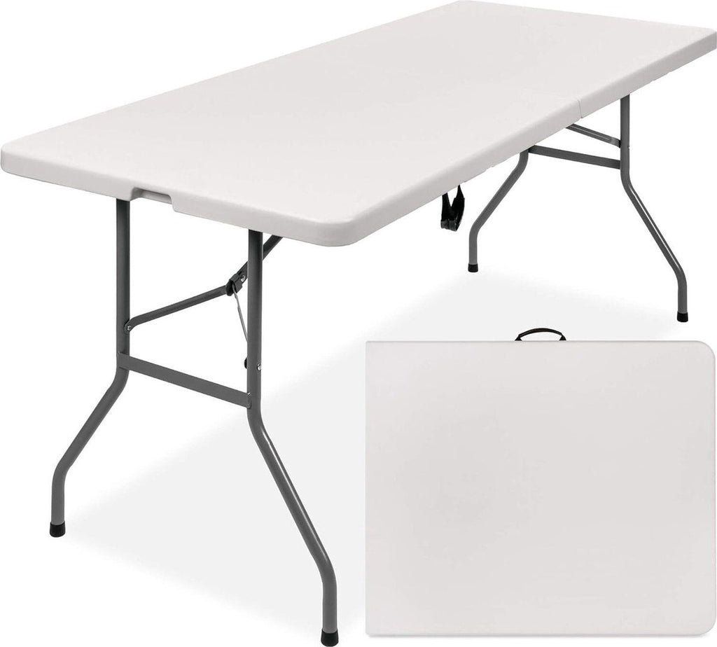 Witte inklapbare tafel 180 cm, uitgeklapt en ingeklapt met handvat