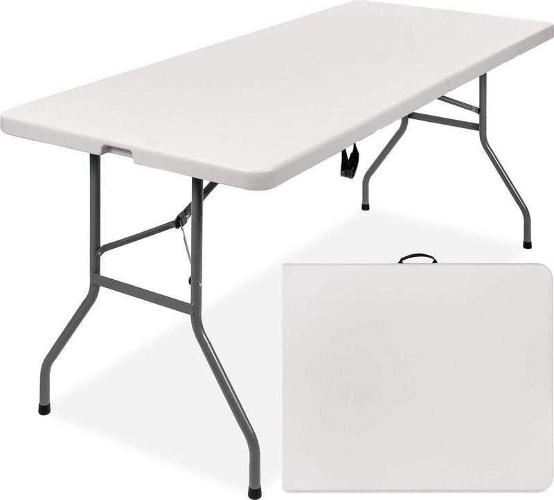 Witte inklapbare tafel 180 cm, uitgeklapt en ingeklapt met handvat