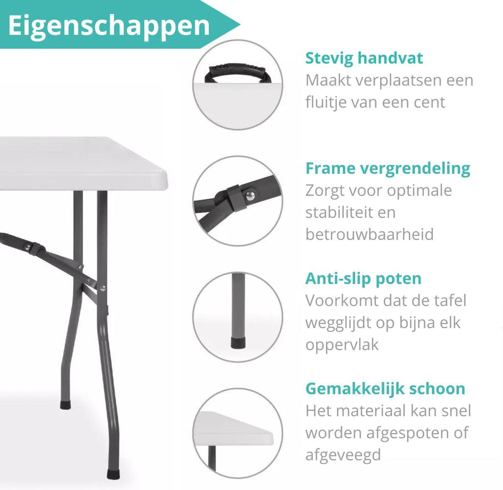 Witte inklapbare tafel 180 cm – handvat, framevergrendeling, antislippoten en schoonmaken