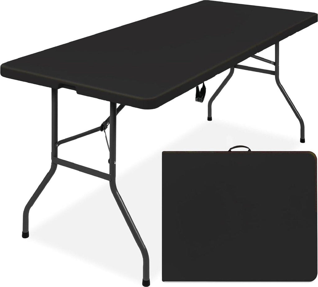 Zwarte inklapbare tafel 180 cm, uitgeklapt en ingeklapt met handvat