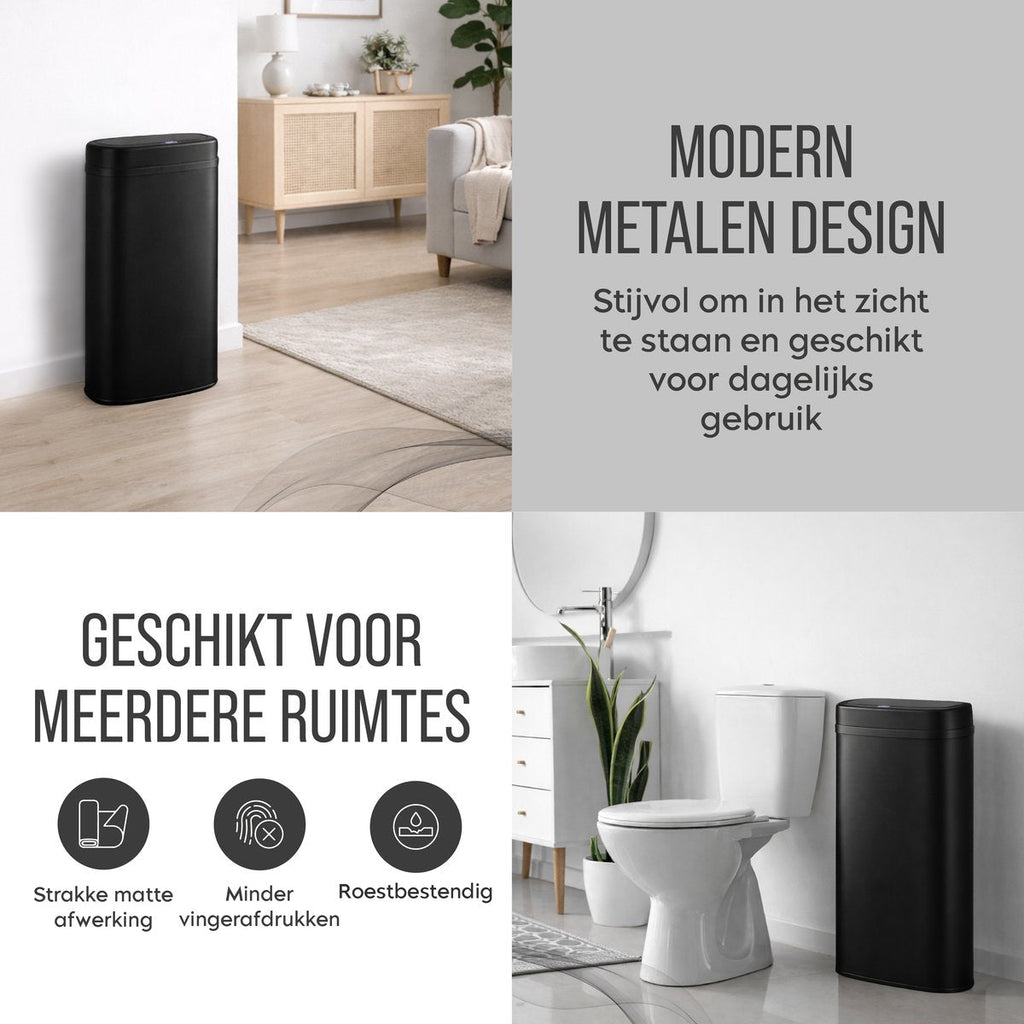 Zwarte ovale sensor prullenbak in woonkamer en badkamer