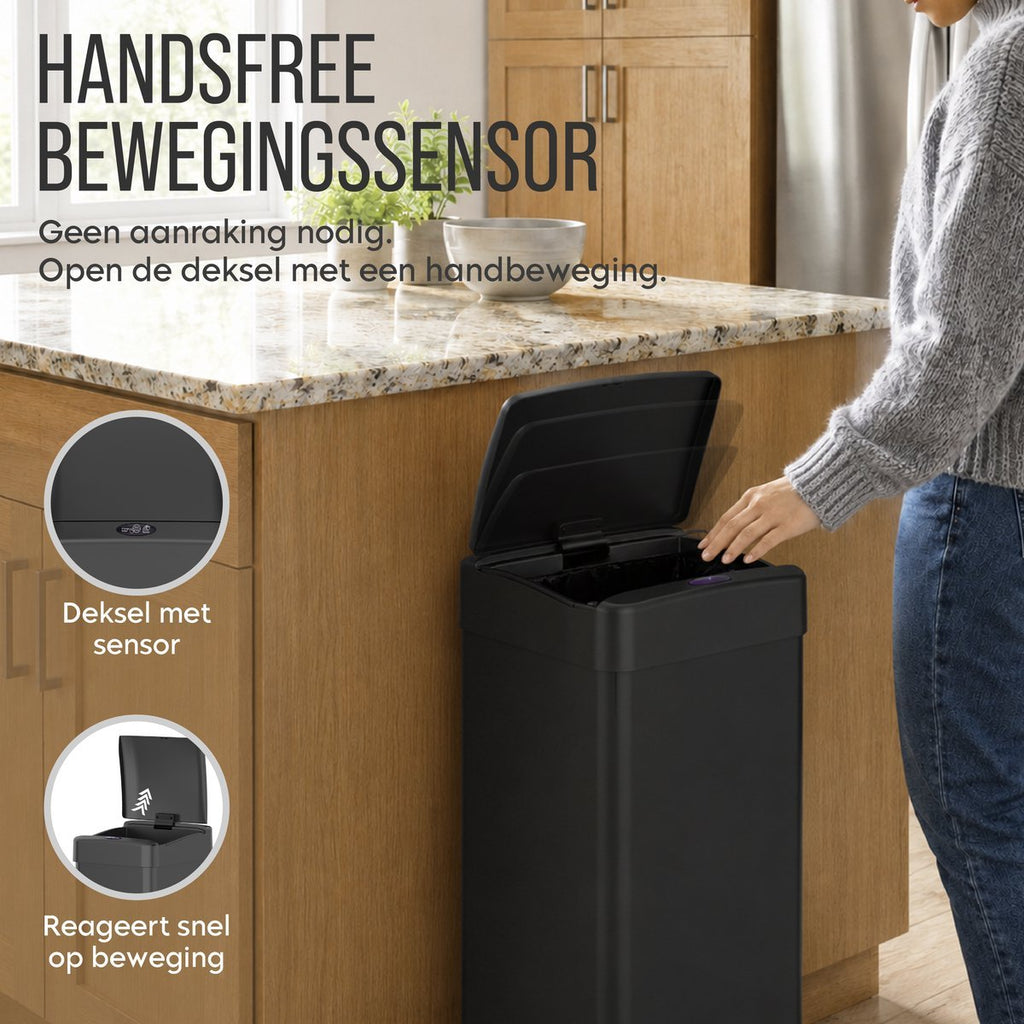Zwarte rechthoekige sensor prullenbak – deksel opent bij een handbeweging