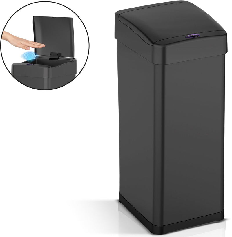 Zwarte rechthoekige sensor prullenbak 60 L met hand boven de sensor