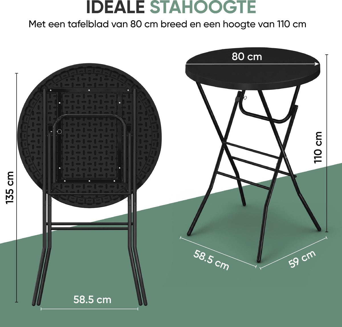 Zwarte statafel – afmetingen: blad 80 cm, hoogte 110 cm