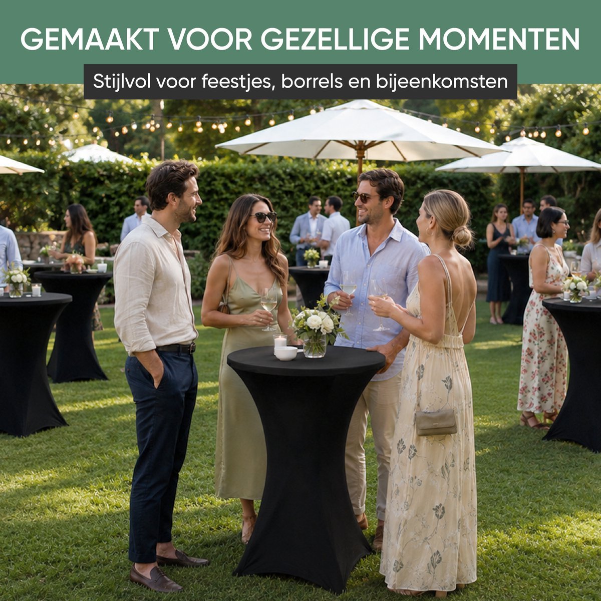 Gasten bij zwarte statafels met hoes op een tuinfeest