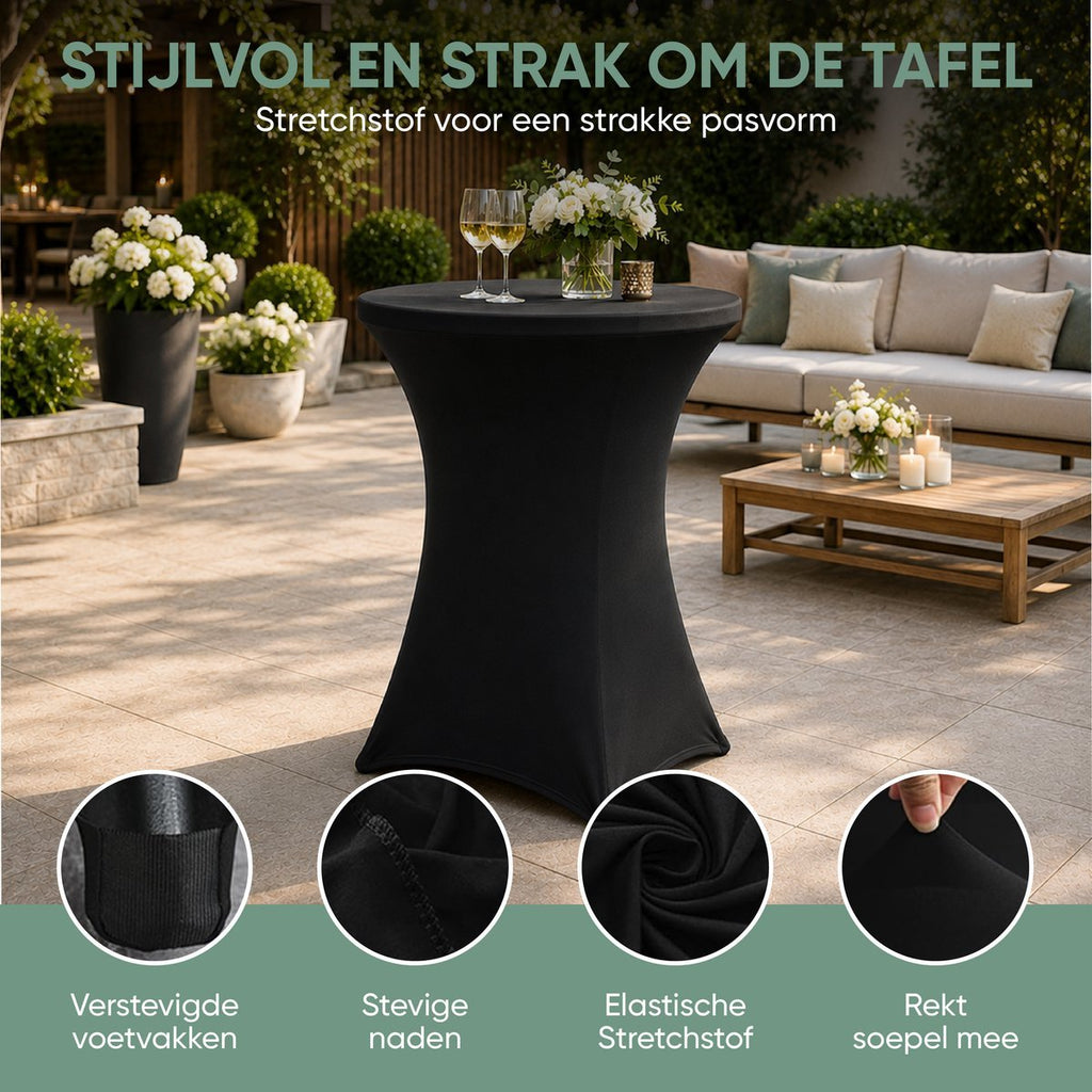 Zwarte statafel met stretchhoes op een terras, met details van de hoes