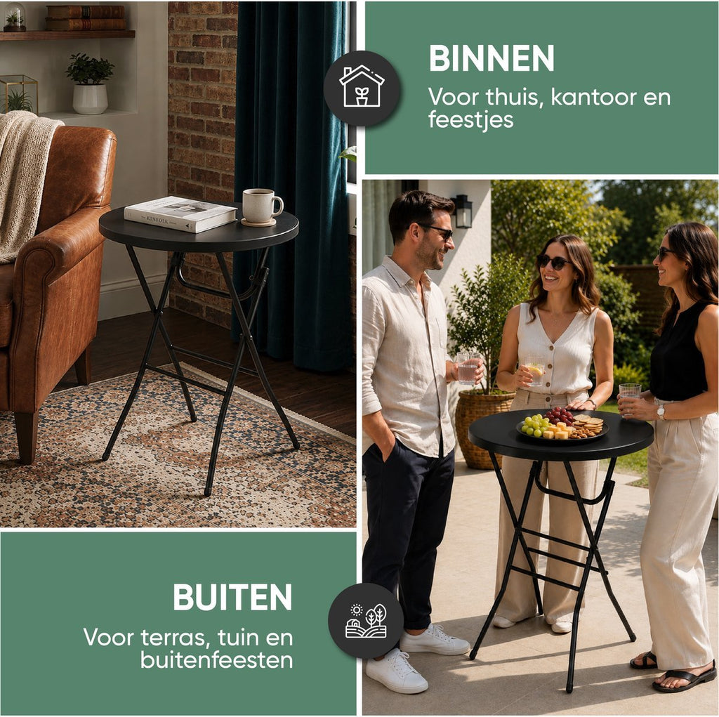 Zwarte statafel binnen in de woonkamer en buiten op het terras