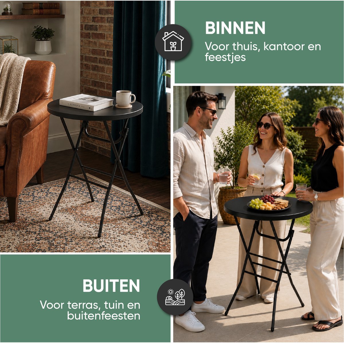 Zwarte statafel binnen in de woonkamer en buiten op het terras