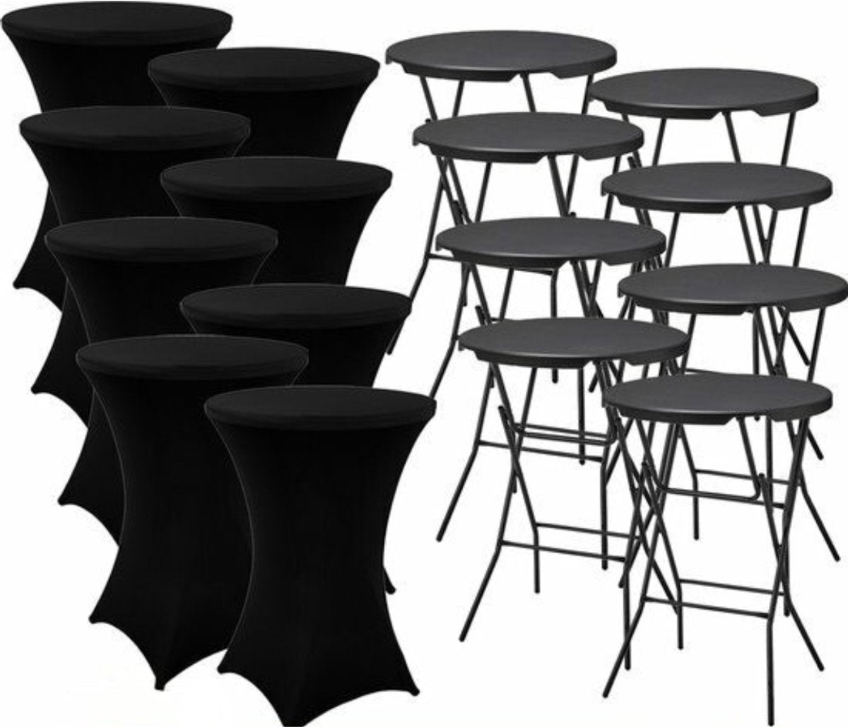 Set zwarte statafels, met en zonder statafelhoes