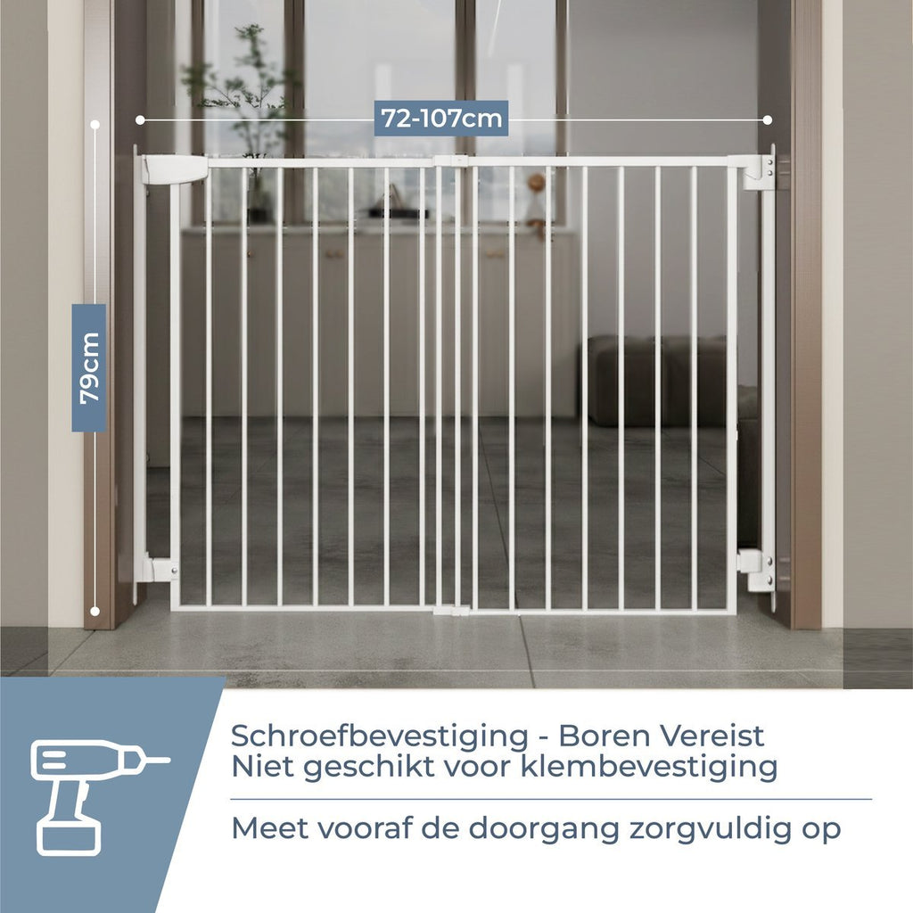 Wit uitschuifbaar traphek 72–107 cm – schroefbevestiging, boren vereist
