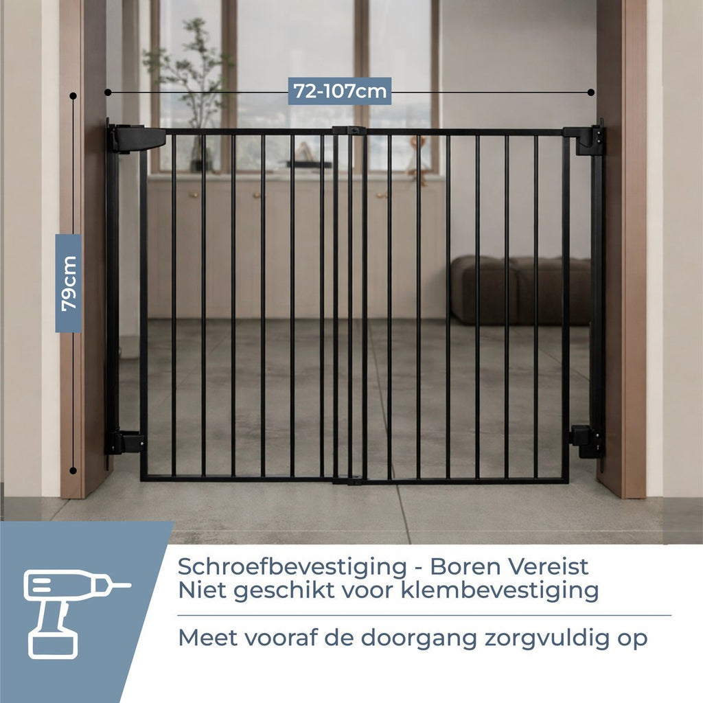 Zwart uitschuifbaar traphek 72–107 cm – schroefbevestiging, boren vereist