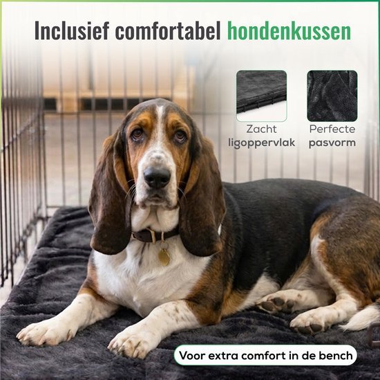 Hond ligt op het hondenkussen in de bench L