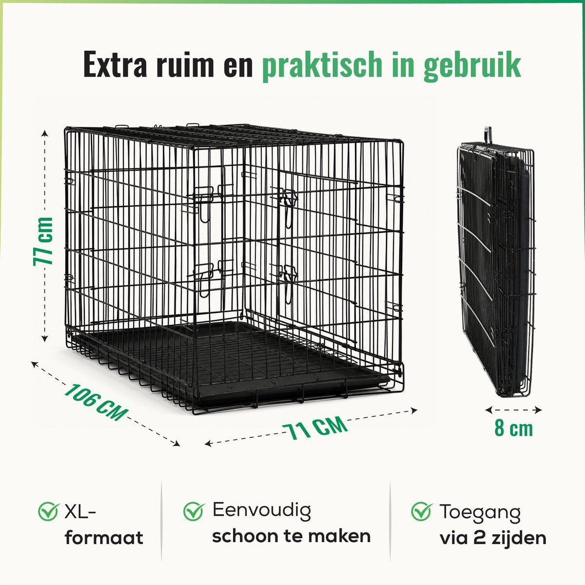 Hondenbench – extra ruim, met afmetingen en opgevouwen zijaanzicht