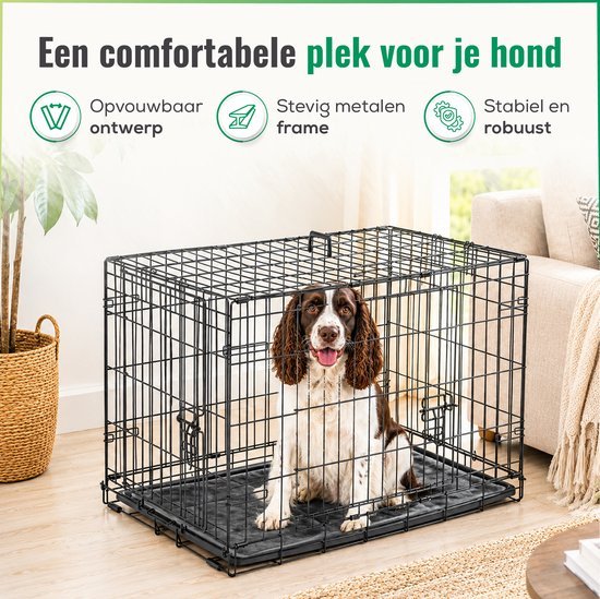 Hond in de hondenbench L in de woonkamer