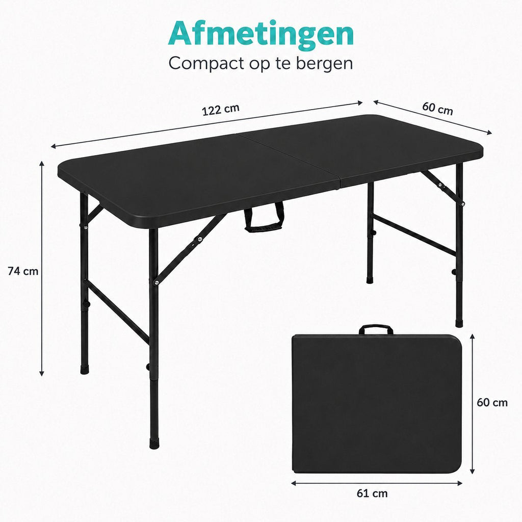 Zwarte inklapbare tafel 122 cm – afmetingen uitgeklapt en ingeklapt