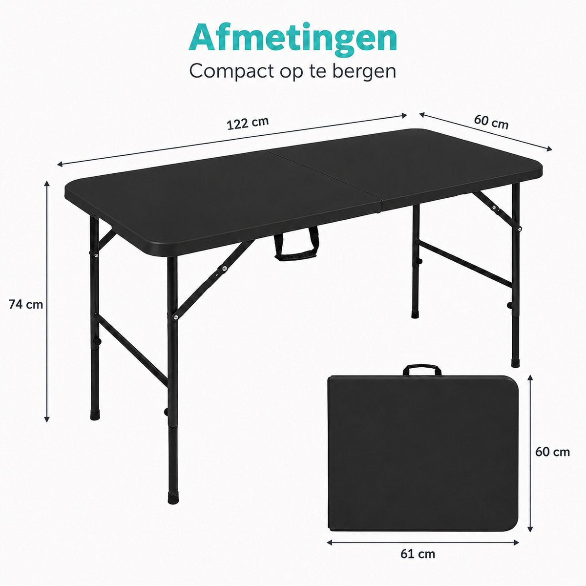 Zwarte inklapbare tafel 122 cm – afmetingen uitgeklapt en ingeklapt