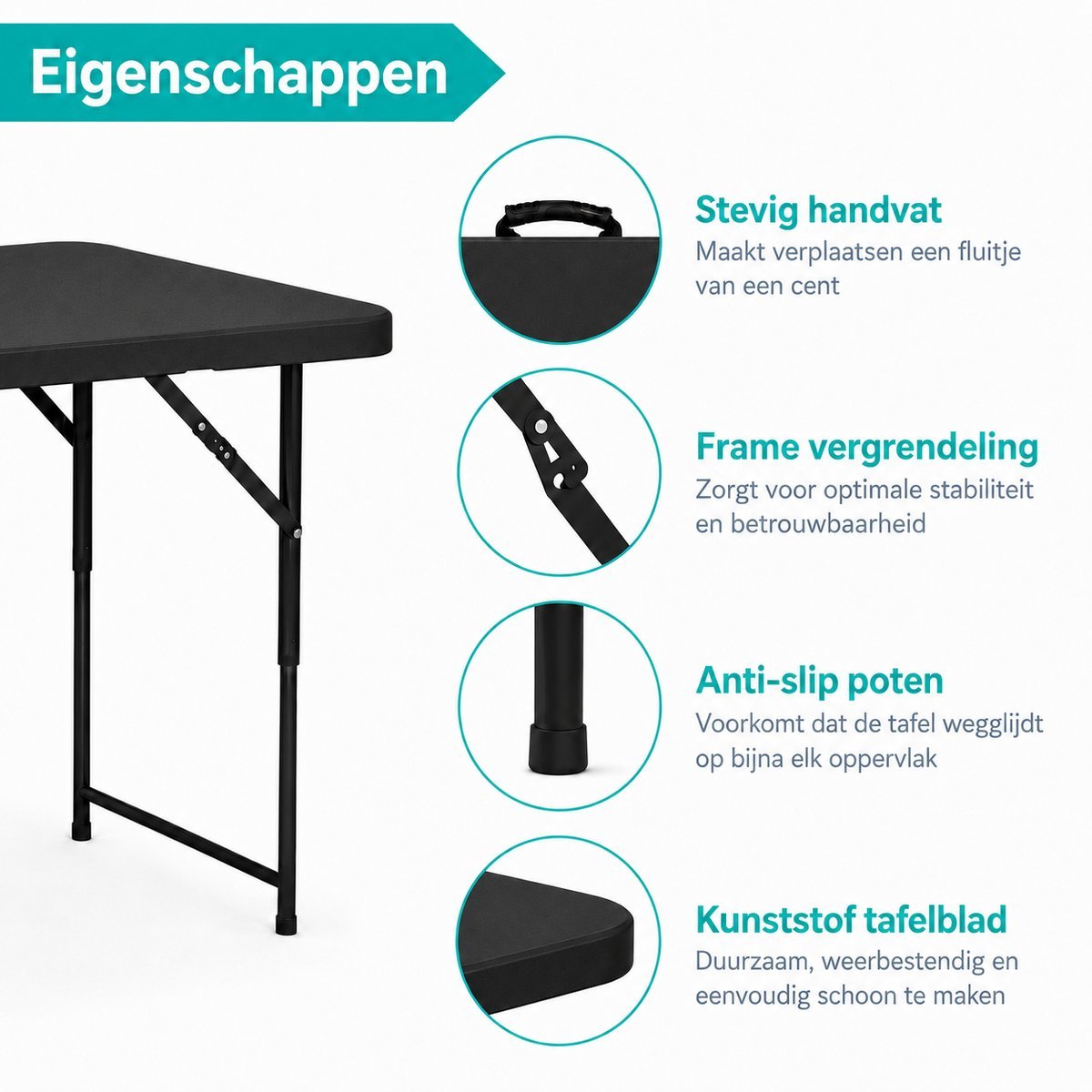 Zwarte inklapbare tafel 122 cm – handvat, framevergrendeling, antislippoten en kunststof blad