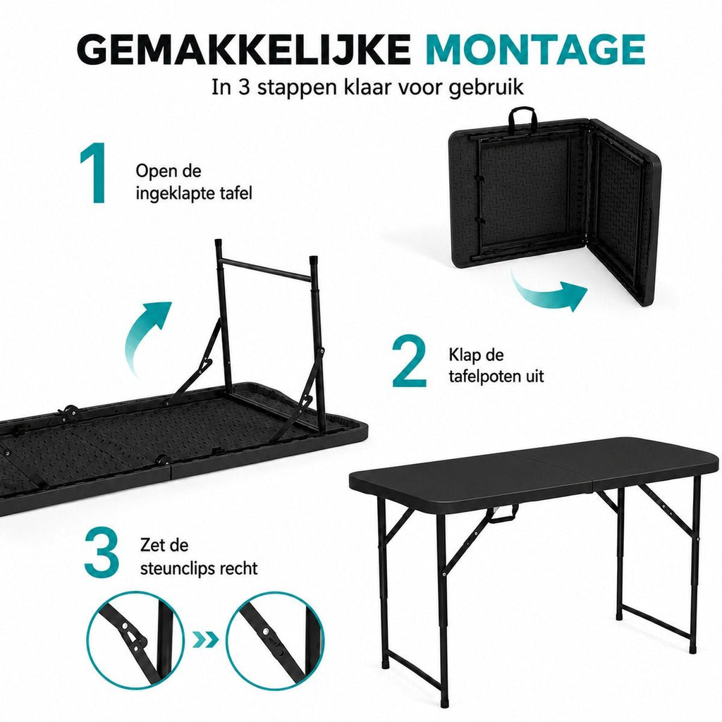 Zwarte inklapbare tafel 122 cm – montage in drie stappen