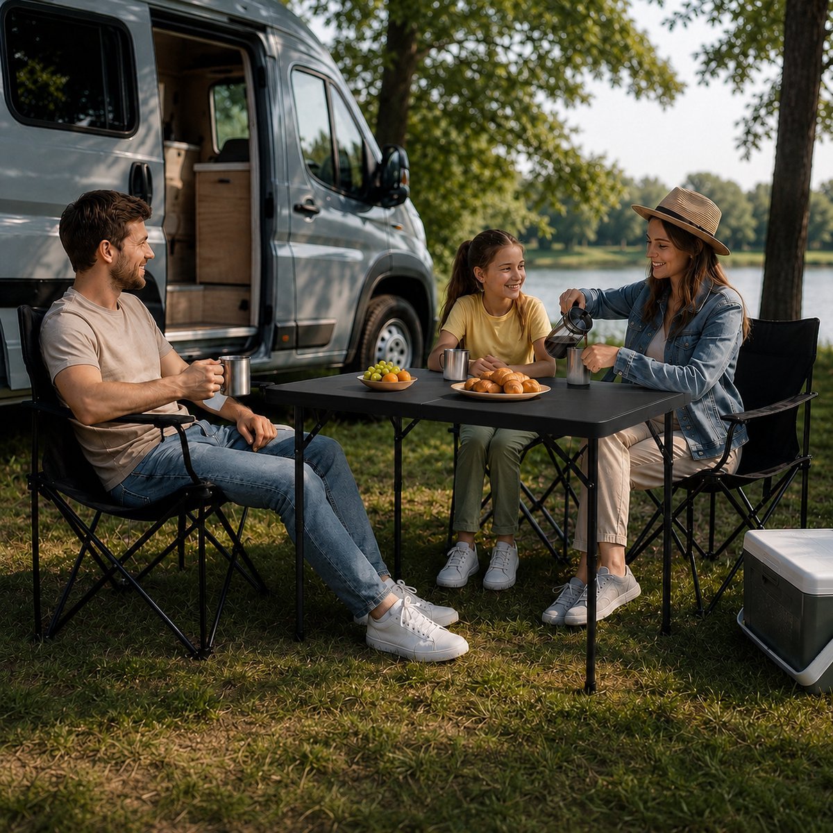 Gezin aan de zwarte inklapbare tafel bij een camper