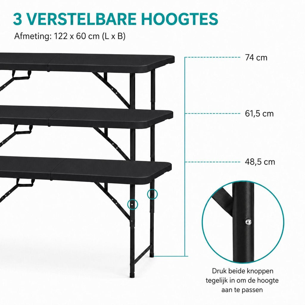Zwarte inklapbare tafel 122 cm – drie hoogtes: 74, 61,5 en 48,5 cm