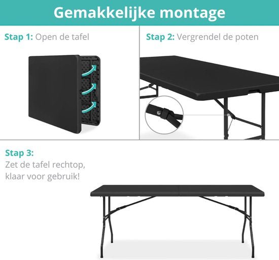 Zwarte inklapbare tafel 180 cm – montage in drie stappen