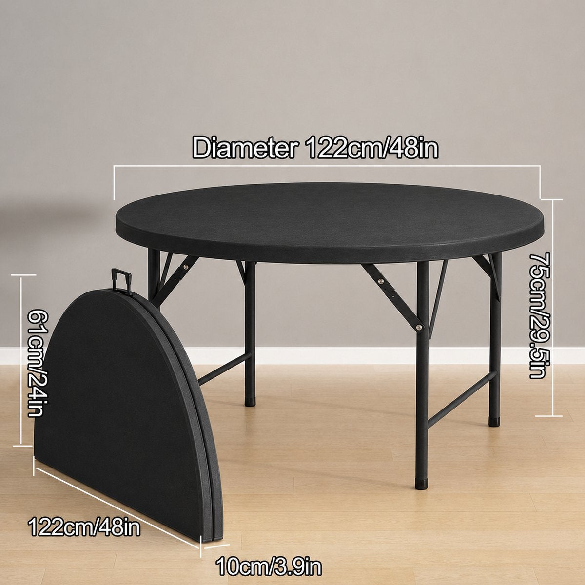 Zwarte ronde inklapbare tafel – afmetingen: Ø122 cm, hoogte 74 cm