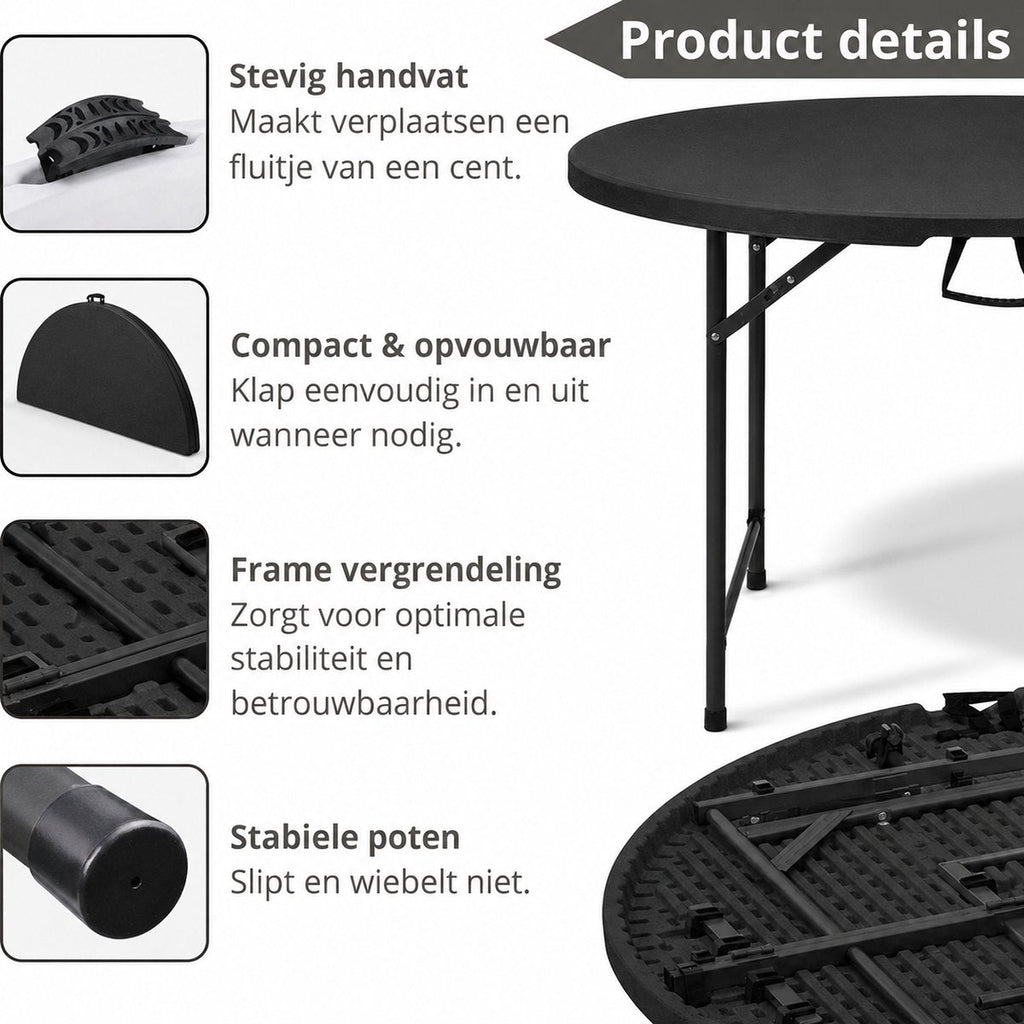 Zwarte ronde inklapbare tafel – handvat, vouwbaar blad, framevergrendeling en poten