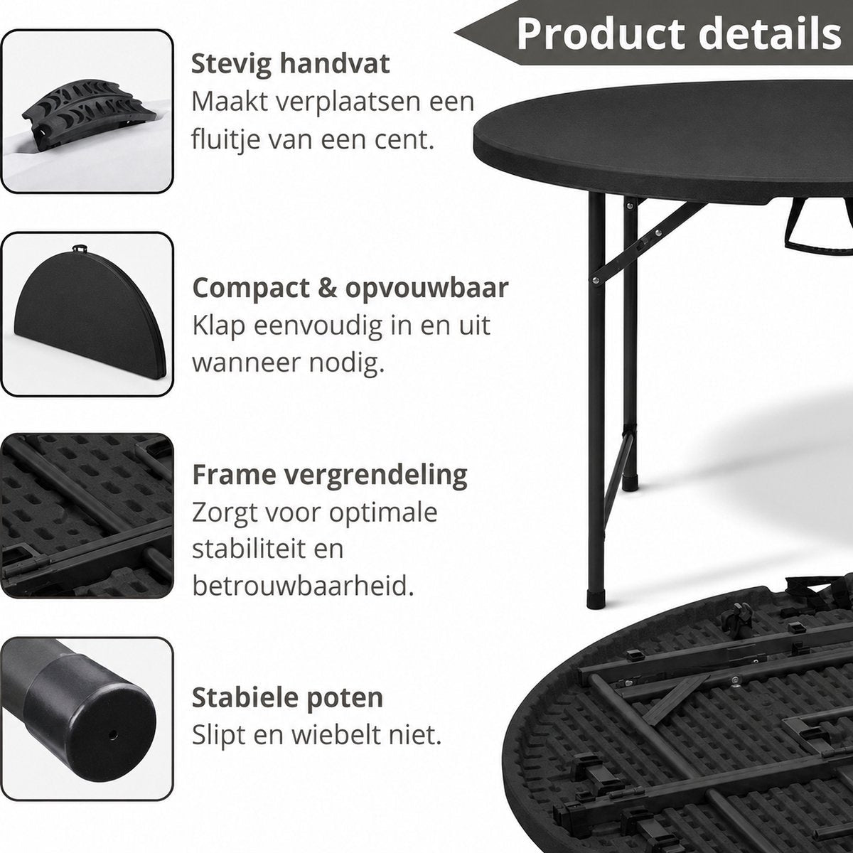 Zwarte ronde inklapbare tafel – handvat, vouwbaar blad, framevergrendeling en poten