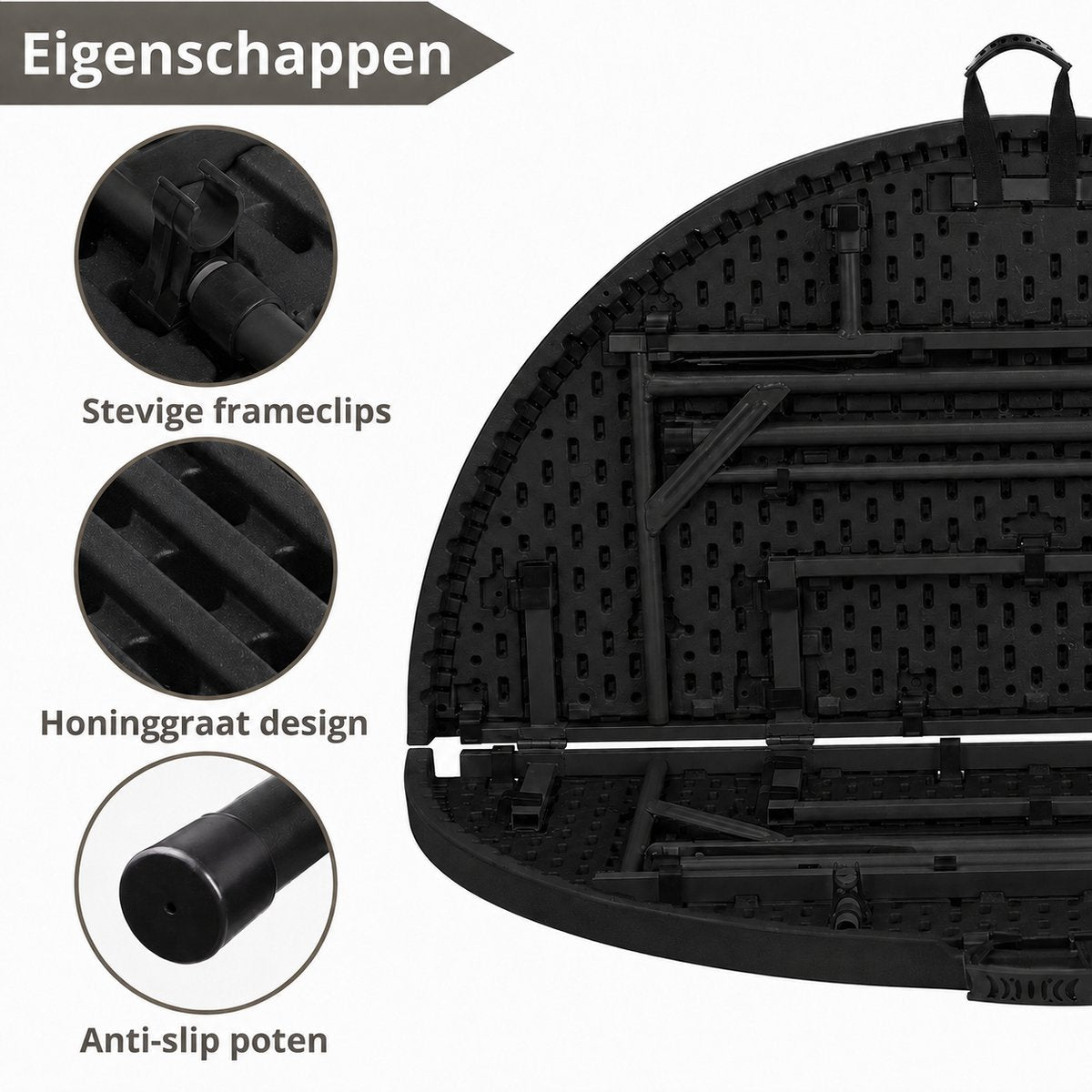 Zwarte ronde inklapbare tafel – frameclips, honingraatstructuur en antislippoten