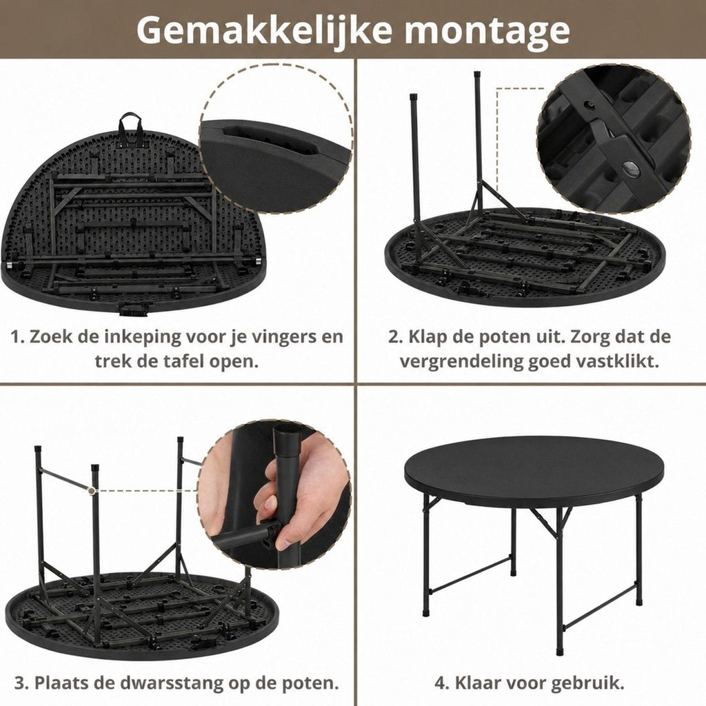 Zwarte ronde inklapbare tafel – montage in vier stappen