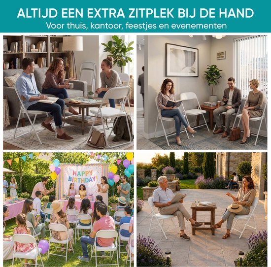 Witte klapstoelen in gebruik thuis, op kantoor en op feestjes